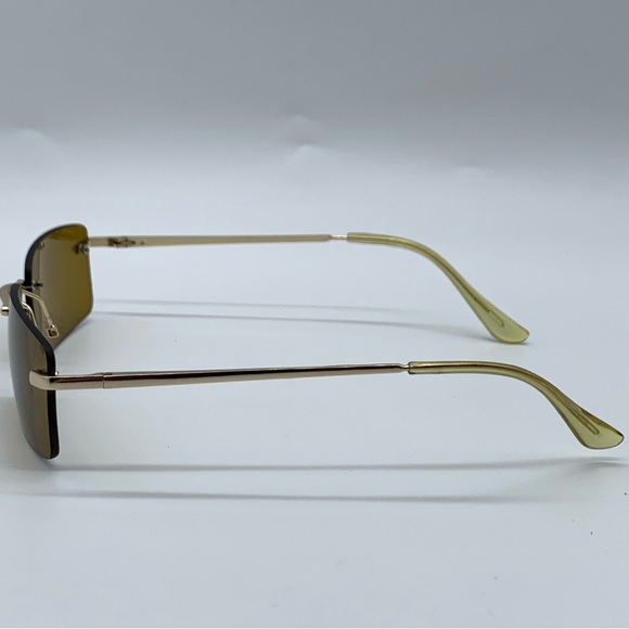 Slim Retro Rimless Rectangular Sunglasses in Gold- Brown - Picture 3 of 11